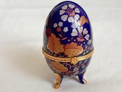Porcelán tojás Fabergé stílusú lábakon álló ékszertartó dísztojás kobaltkék Ø6x10cm