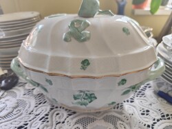 Eladó gyönyörű régi porcelán Herendi zöld virágmintás hatalmas leveses tál fedovel!