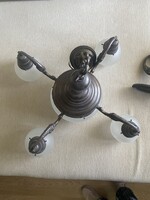 Antik szecessziós bronz csillár (5 karos, 6 izzós, csiszolt üvegbúrákkal)