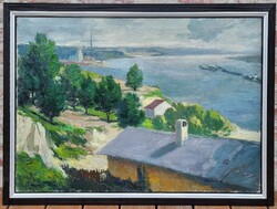 Schwalm László (1927 - 1998) Uszályok a Dunán ( Dunakanyar?) c. festménye Eredeti Garanciával!