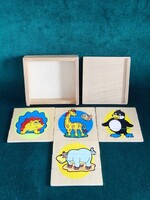 Retro állatos fa puzzle 12 elemmel, tolófedeles dobozban – sün, zsiráf, pingvin, víziló