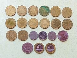 Franciaország 21 db Különböző Érme 20 Centimes 1/2 1 10 Frank Francs 1960-1995