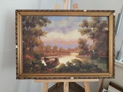 Szignózott Kereszturyné tájkép-életkép festmény  78x55 cm kerettel