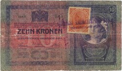10 korona 1904 N.sárga szerb.horvát szlovén bélyeggel és A Mohácsi Közgazdasági Bank Rt bélyegzéssel
