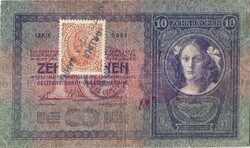 10 korona 1904 Narancssárga szerb.horvát szlovén bélyeggel és két pénzintézeti bélyegzéssel
