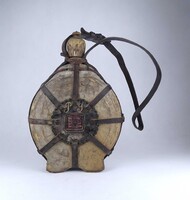 2B047 Antik nagyméretű csikóbőrös kulacs Csokonay versrészlettel 38 cm