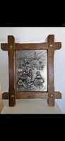 Ón falikép, fakeretben,  Frieling Zinn Germany jelzéssel, mérete 23x30cm