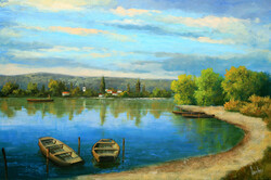 Lantos György: Öböl ladikokkal 40x60 cm