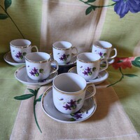 Retro,  Hollóházi porcelán hatszemélyes kávéscsésze szett ibolyás mintával