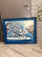 Darmo Éva: Tiszaföldvár télen hóesésben – Kortárs olaj festmény keretben 80x 60 cm.