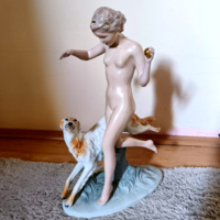 Art Deco porcelán akt szobor – Diana orosz agárral (Karl Tutter formaterve nyomán - 37 cm)