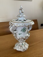 Herendi porcelán váza Nanking Bouquet zöld mintával, áttört fedéllel.