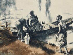 GÖRÖG REZSŐ (1930-2014) TISZAPART, JELZETT RÉZKARC 49 X 34 CM