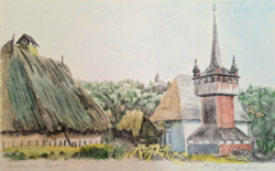 Szentendrei Skanzen (akvarell) Dr. Duray László alkotása, 1970-es évek - Szabadtéri Néprajzi Múzeum