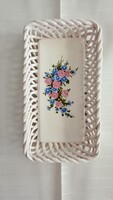 Bodrogkeresztúri kerámia tál kék és rózsaszín virágokkal 18x10 cm