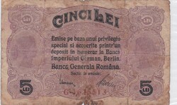 5  Lei  1917   Románia   A képen látható Állapotban