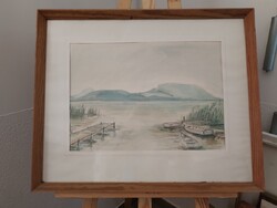 Győri Elek hangulatos akvarell festménye 63x53 cm kerettel