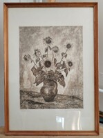 V. Tóth László virágcsendélet rézkarc 43x60 cm kerettel