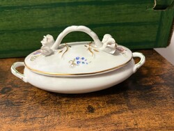 Hollóházi fedeles porcelán kínáló / vajas edény – Rózsafogóval