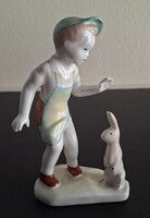 Retro Aquincum porcelán szobor, kisfiú nyuszival