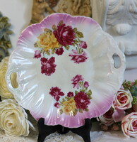Antik, rózsa mintás, füles porcelán tál