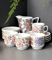 Retro, ritka, kézzel festett lengyel Cepelia Opole színes virágos porcelán készlet 1970/80-as évek