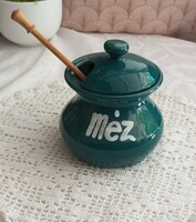 Kerámia méztartó fedővel és fa mézcsorgatóval – 13 cm