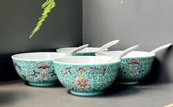 Famille Rose Mun Shou türkizkék lótuszvirágos kínai porcelán tálkészlet hosszú élet szimbolummal