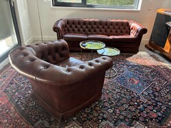 Chesterfield bőr ülőgarnitúra – 3 személyes kanapé + fotel