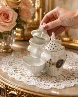 RITKASÁG! Antik, bieder porcelán, ibolyákkal díszített asztali fűszeres kínáló