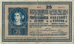 25 korona kronen 1918 apróbetűs sorozatszám osztrák kiadás Talp nélküli 1-es 2.