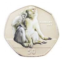 Gibraltár,50 pence 2018 - Főemlősök - Berber makákó - Festett aUNC+ nikkel