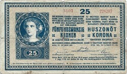 25 korona kronen 1918 hullámos hátlap sorozatszám 3101-3142 közötti 13 x 3,5 mm
