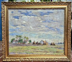 Halasi Horváth István (1904-1994): Kecskeméti tanya - olajfestmény, kitűnő színek! Alföld, utcakép
