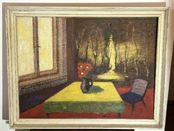 Balogh József Sándor 1980-81 (?) enteriőr modern festmény 60 x 80 cm