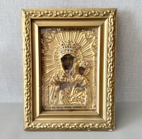Częstochowai Fekete Madonna – Üvegezett, arany tónusú lengyel ikon (22x29 cm)