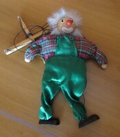 Régi retro fa marionett bohóc báb 35 cm zsinóros fajáték dekoráció 1980-s évek