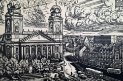 Varga Mátyás (1910-2002): Debrecen, nagyméretű grafika! Nagyvárosi részlet, utcakép, városi táj