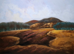 Tímár József: Dunántúl - 80x60 cm olajfestmény, Képcsarnok - Dombos táj - barnás árnyalatú kép