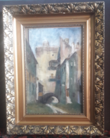 Mediterrán utcakép csodaszép keretben! - olajfestmény 44x57 cm Kismak vagy Kis Mary (?) jelzéssel
