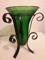 Kovácsoltvas/repesztett üveg kombináció váza/gyertyatartó 24x18 cm.