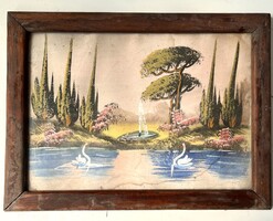 Retro naiv festmény – Hattyúk a parkban (Zorkóczy stílus, 1960-as évek) fa keretben