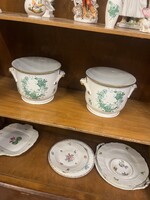 Herendi porcelán kaspó  XL – Indiai kosár (FV - Zöld) dekorral, aranyozott fülekkel