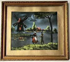 Retro sejtelmes fekete bársony kép szélmalommal és holland párral, díszes arany keretben