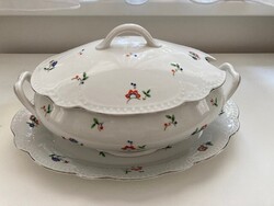 Zsolnay porcelán étkészlet - pecsenyéstál, fedeles - leveses tál virágmintás dekorral