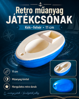 Retro kék–fehér műanyag játékcsónak – trafikáru fürdőjáték, 11 cm