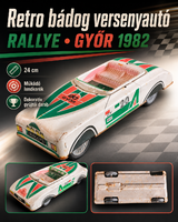 Retro bádog RALLYE lendkerekes versenyautó GYŐR 1982 dekorral – 24 cm, működő