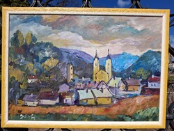 Nagybánya olaj karton 35x50 cm olasz sárga bicolor képkeret külm: 39x54 cm B á n f i