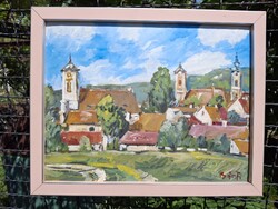 Szentendre  tájkép olaj karton 33x42,5 olasz bézs rózsa ezüst csík képkeret külm: 37x46 cm B á n f i