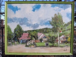 Gyimesbükk panzió tájkép olaj karton 33x43 olasz neonzöld kerámia jell keret külm 35x46 cm B á n f i